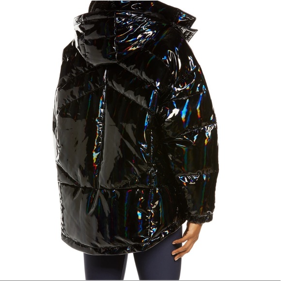 Blanc Noir Black Holographic Hooded Puffer Jacket Removable Faux Fur Hood NWT M - Picture 2 of 6